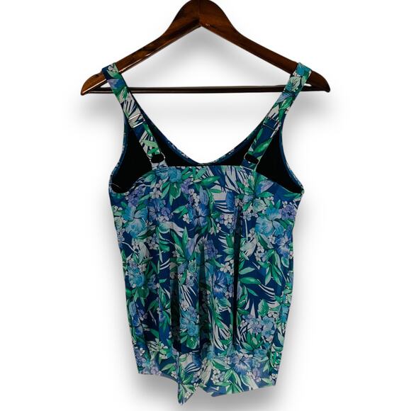 Fit 4 U Blue Floral Tankini Swim Top Mesh Overlay Handkerchief Hem Size 8 New - Picture 3 of 11